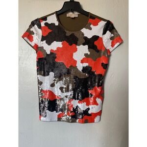 Michael Michael Kors Womens Sequin Camo Top Orange Olive Green Crew Neck Medium